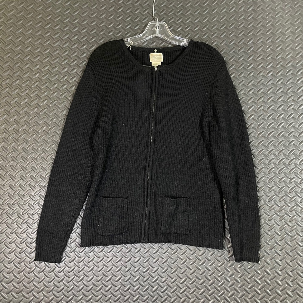 Willi Smith Collection Black 100% Wool Ribbed‎ Full Zipper Sweater Women's XL
